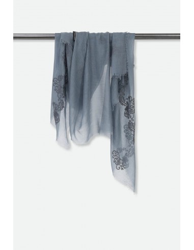 EMBROIDERED PEWTER BLUE ITALIAN CASHMERE SCARF pas chere