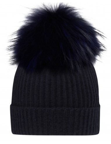 Unisex Ribbed Cashmere Hat With Detachable Pom Navy Blue pas cheres