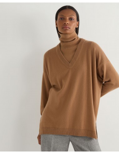 Women's Longline V Neck Cashmere Jumper Dark Camel Brown commande en ligne