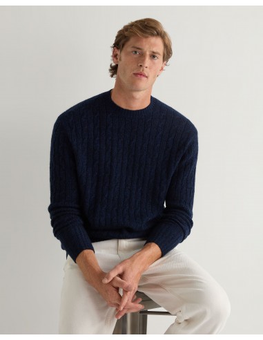 Men's Thames Cable Round Neck Cashmere Jumper Navy Blue Melange suggérées chez