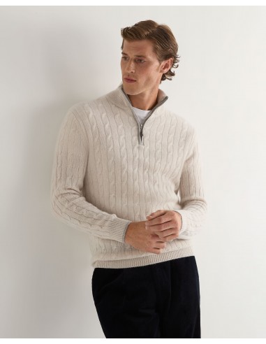 Men's Albemarle Cable Half Zip Cashmere Jumper Frost White du meilleur 