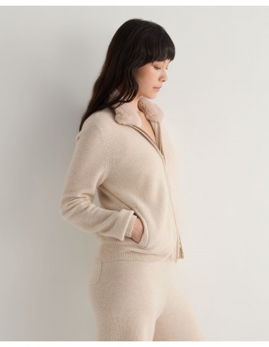 Women's Honeycomb Full Zip Cashmere Jumper With Fur Trim Ecru White de l' environnement