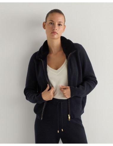 Women's Honeycomb Full Zip Cashmere Jumper With Fur Trim Navy Blue Venez acheter