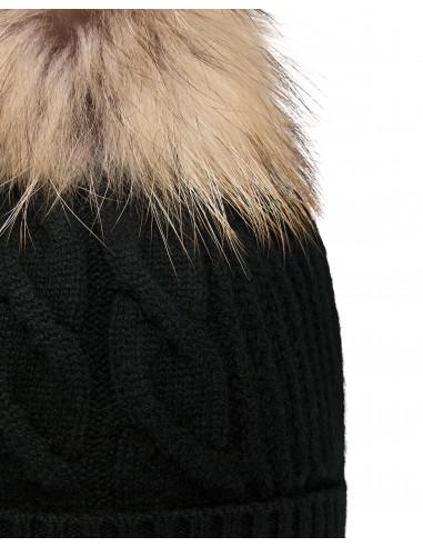 Women's Cable Cashmere Hat With Fur Pom Black En savoir plus