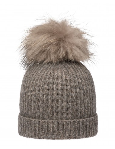 Unisex Ribbed Cashmere Hat With Detachable Pom Wood Smoke Brown votre