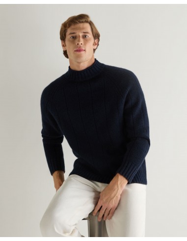 Men's Spitalfields Rib Funnel Neck Cashmere Jumper Navy Blue Melange la livraison gratuite