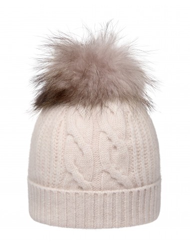 Women's Cable Cashmere Hat With Fur Pom Frost White Paris Déstockage Promo