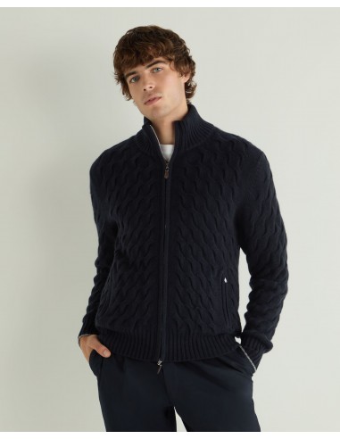 Men's Hammersmith Cable Full Zip Cashmere Jumper Navy Blue Les magasins à Paris