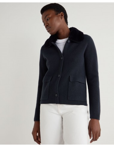 Women's Herringbone Cashmere Jacket with Fur Trim Navy Blue acheter