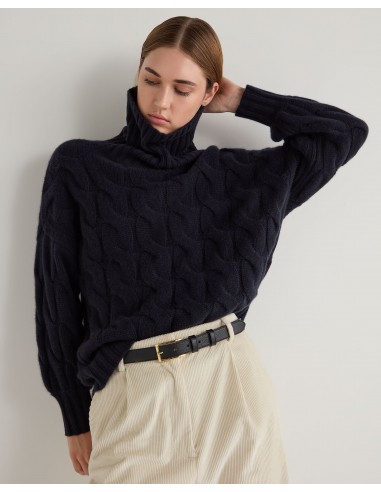 Women's Hana Chunky Cable Roll Neck Cashmere Jumper Navy Blue france